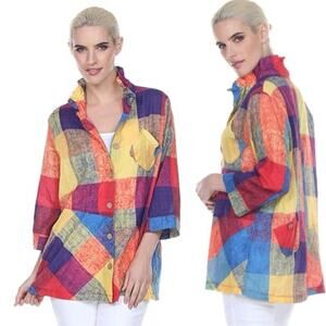 Terra SJ Apparel Patchwork Blouse Ruffle Collar Artsy Boho Chic Western Size S